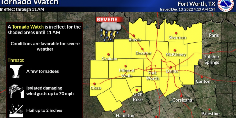 오늘(13일) 오전 북텍사스 토네이도 경보 … 시속 70마일 돌풍 및 최대 2인치 우박