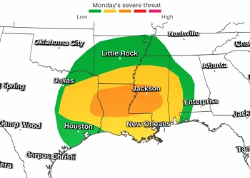 텍사스 동부, 20일(월) 토네이도 및 심한 뇌우 경보