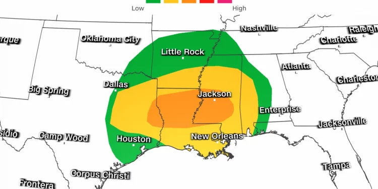 텍사스 동부, 20일(월) 토네이도 및 심한 뇌우 경보